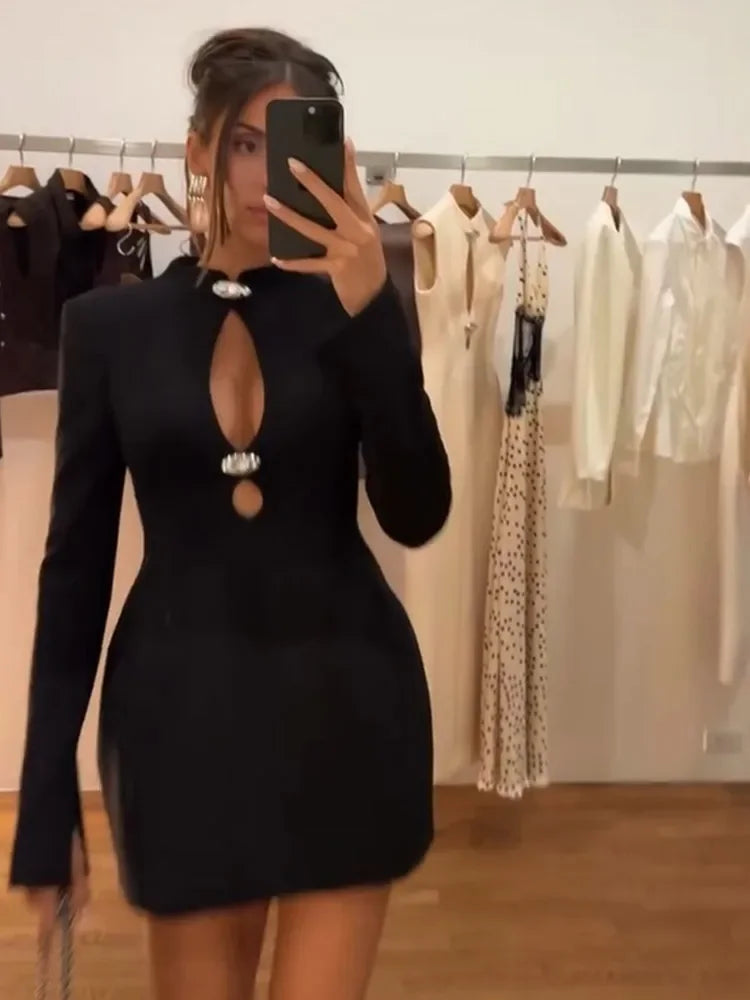 Women Hollow Out Short Dresses Black Round Neck Full Sleeve Waisted Bodycon A-line Vestidos 2025 Lady Daily High Street Gowns