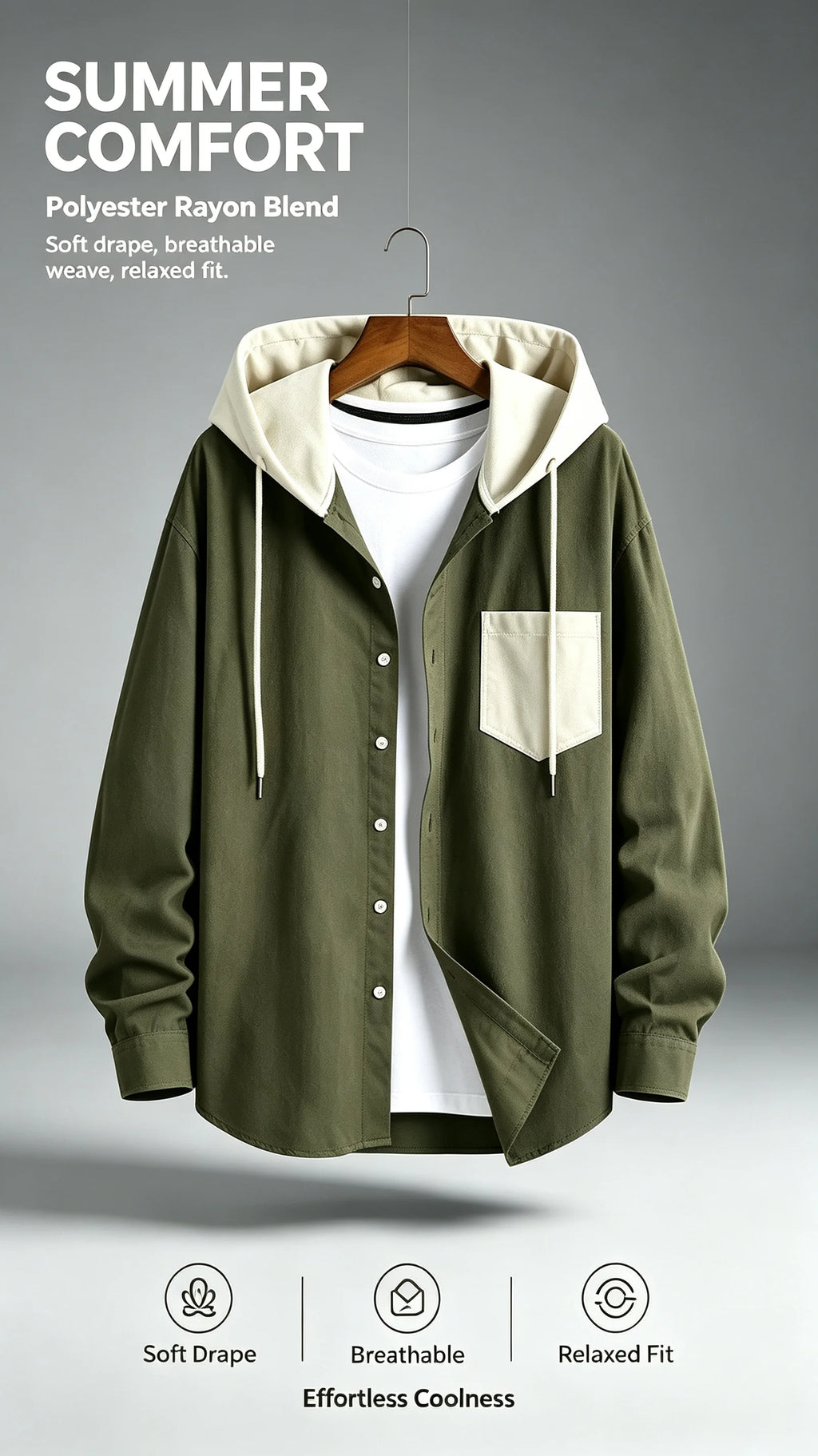 Men Contrast Color Hooded Shirt Long Sleeve Single Pocket Breathable Loose Casual Outerwear For Daily Wear