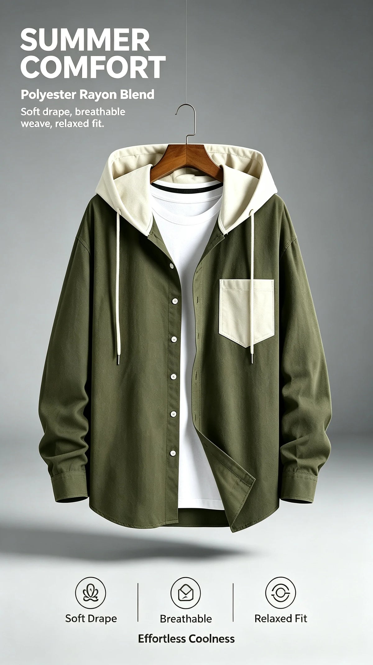 Men Contrast Color Hooded Shirt Long Sleeve Single Pocket Breathable Loose Casual Outerwear For Daily Wear
