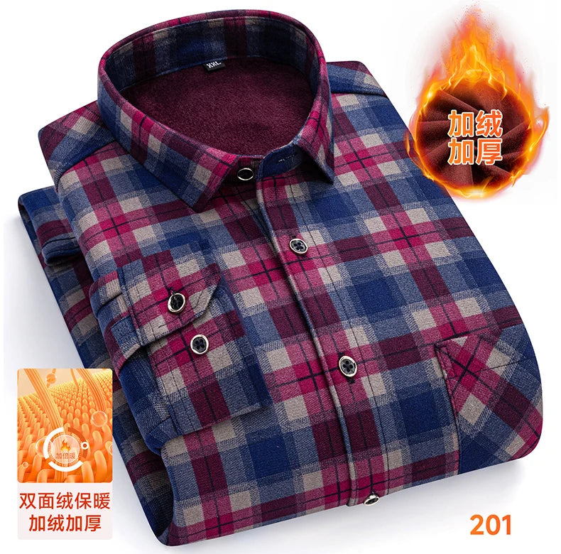 2025 Men's Winter Warm Shirts Long Sleeve Plaid Print Flower Autumn Thickened Fleece Street Trend Casual Dress Shirts 8XL 7XL