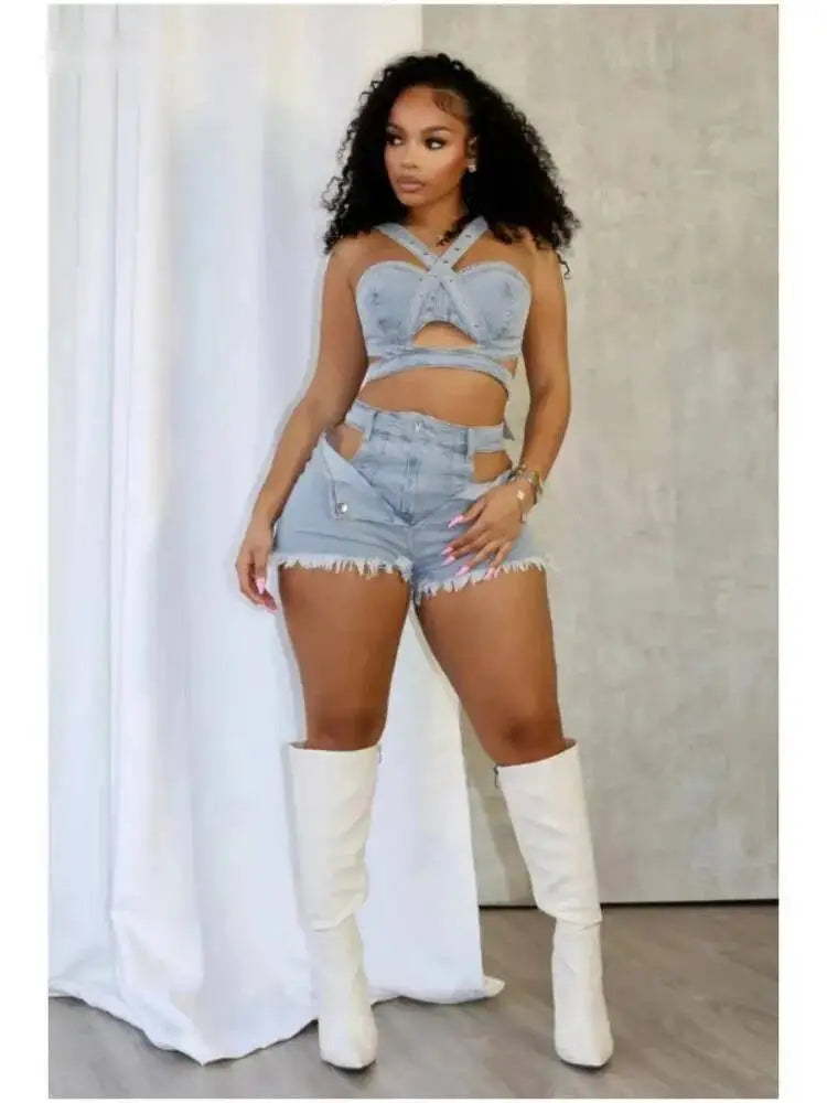 Fashion Denim Cutout Women's Set Wrap Strap Crop Top And Shorts Jeans  Summer Two 2 Piece Sets Outfits Tracksuit
