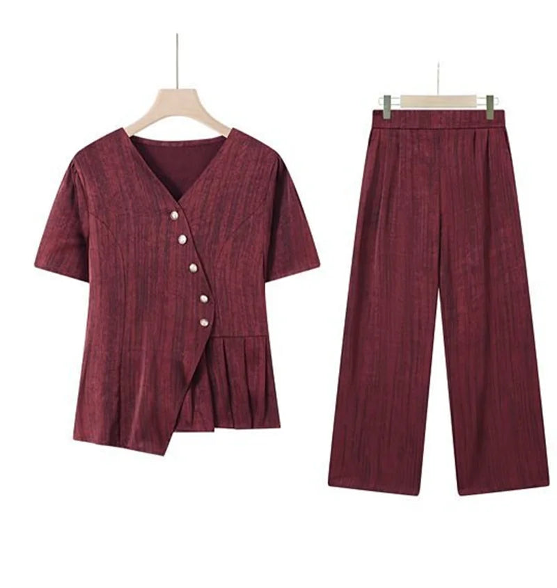 2025 Female Fashion Short Sleeve 2PCS French Women New Two-piece Set Summer Middle Aged Mother Solid Color Wide Leg Pants Outfit