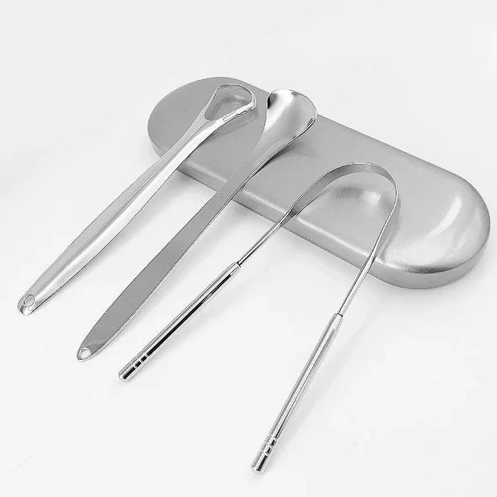 Premium Stainless Steel Tongue Scraper Cleaner Set Fresh Breath Cleaning Coated Oral Hygiene Tool Portable Travel Handy Carry