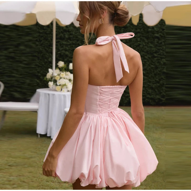 Sexy Halter Pleated Bud Mini Dress Women Sleeveless Tube Top Backless Bandage Solid Party Dresses 2026 Summer Fall Evening Robe