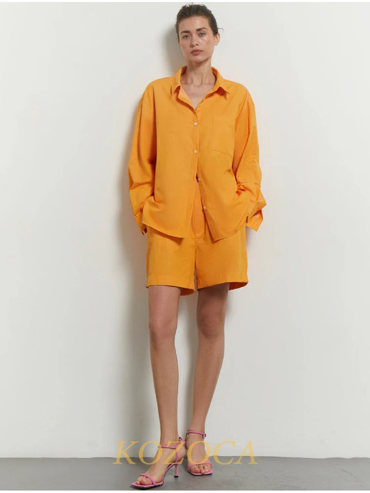 Summer Two Piece Set Women Shorts Suit Green Lapel Long Sleeve Shirts Sets Female Elegant Casual High Waist Pants Lady Outfits