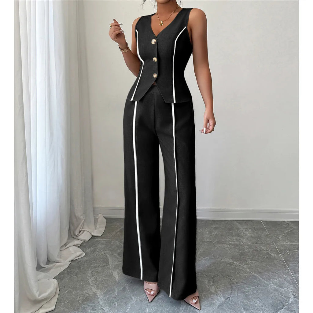 S - XL Sleeveless V Neck Vest Solid Women Suits 2 Pieces Sets Female Leisure Elegant Pants Formal Pantsuit Outfit For Women M127