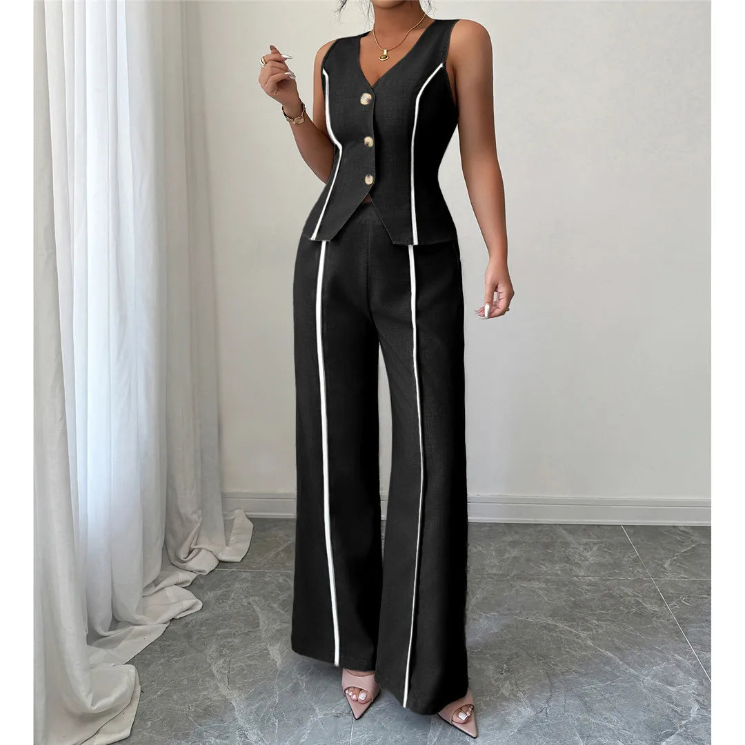 S - XL Sleeveless V Neck Vest Solid Women Suits 2 Pieces Sets Female Leisure Elegant Pants Formal Pantsuit Outfit For Women M127
