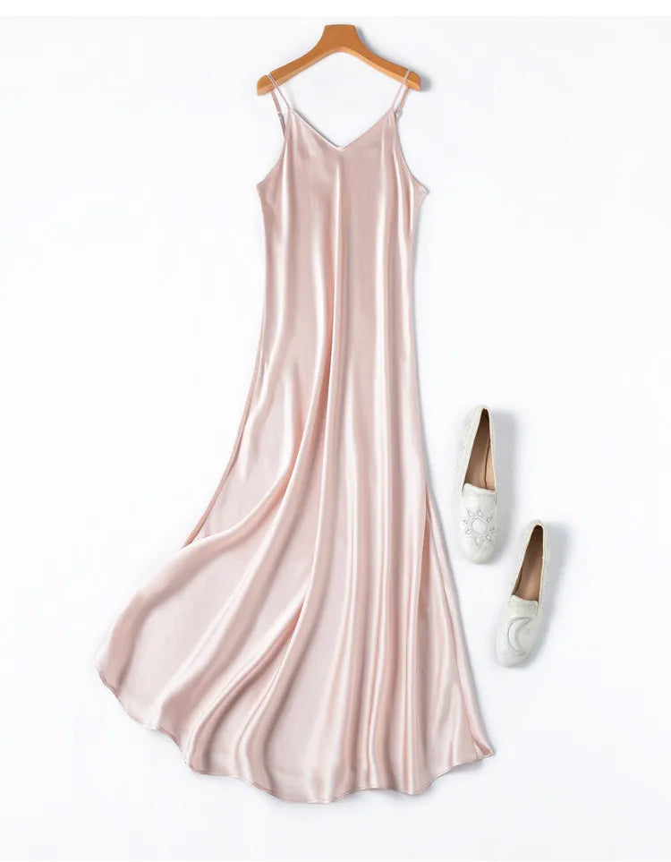 Tcyeek Woman Long Dress, 100%Real Silk, V Neck, Solid Spaghetti Strap Dresses, 2025 Elegant Chic Clothes