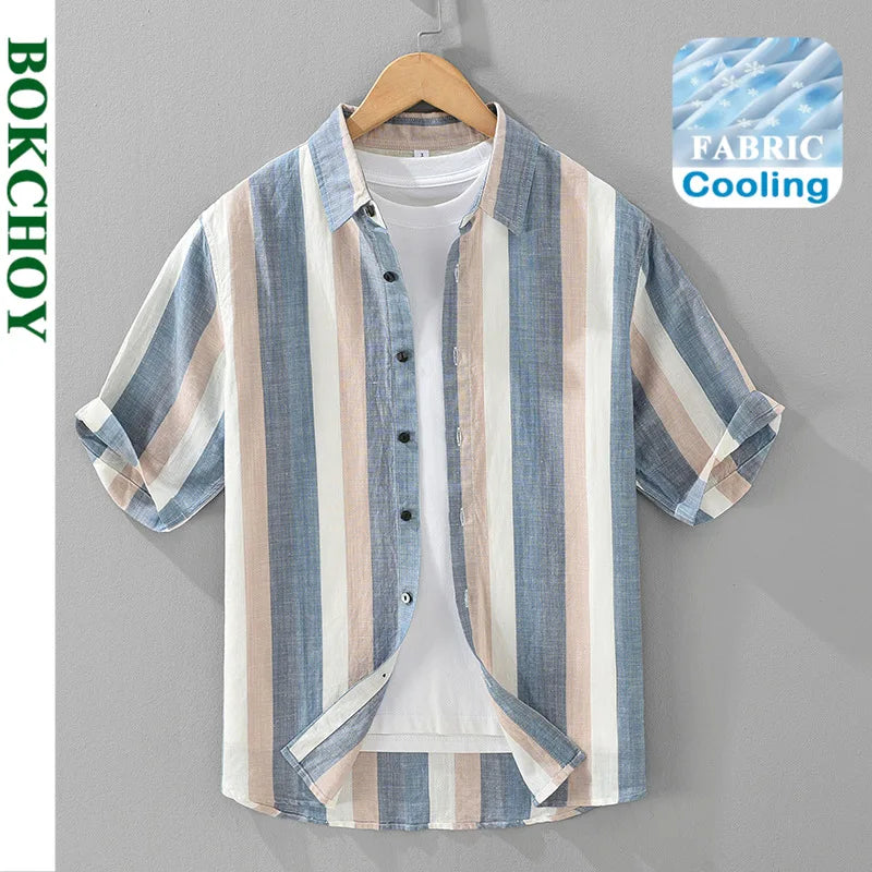 Summer New Linen and Lyocell Cooling Striped Half Sleeve Shirt for Men Casual Turn-down Collar Shirt  EC1292