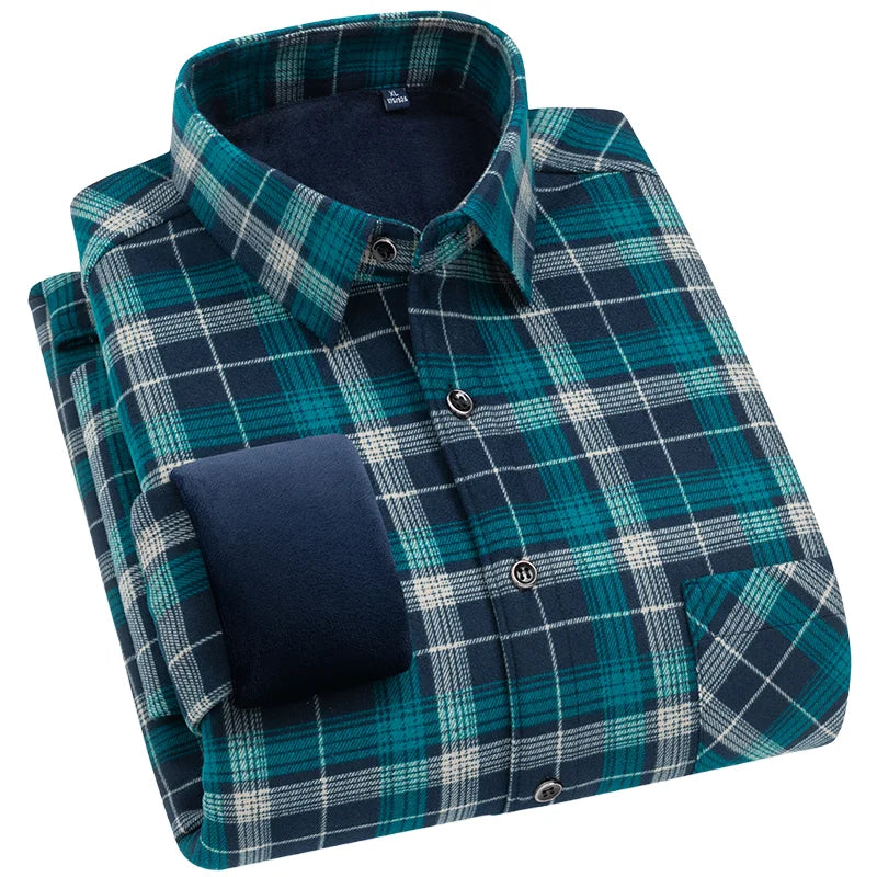 Men's Warm Long-Sleeved Shirt with Double-Sided Fleece, Winter Casual, Cold-Resistant, Street Fashion, Comfortable and Versatile