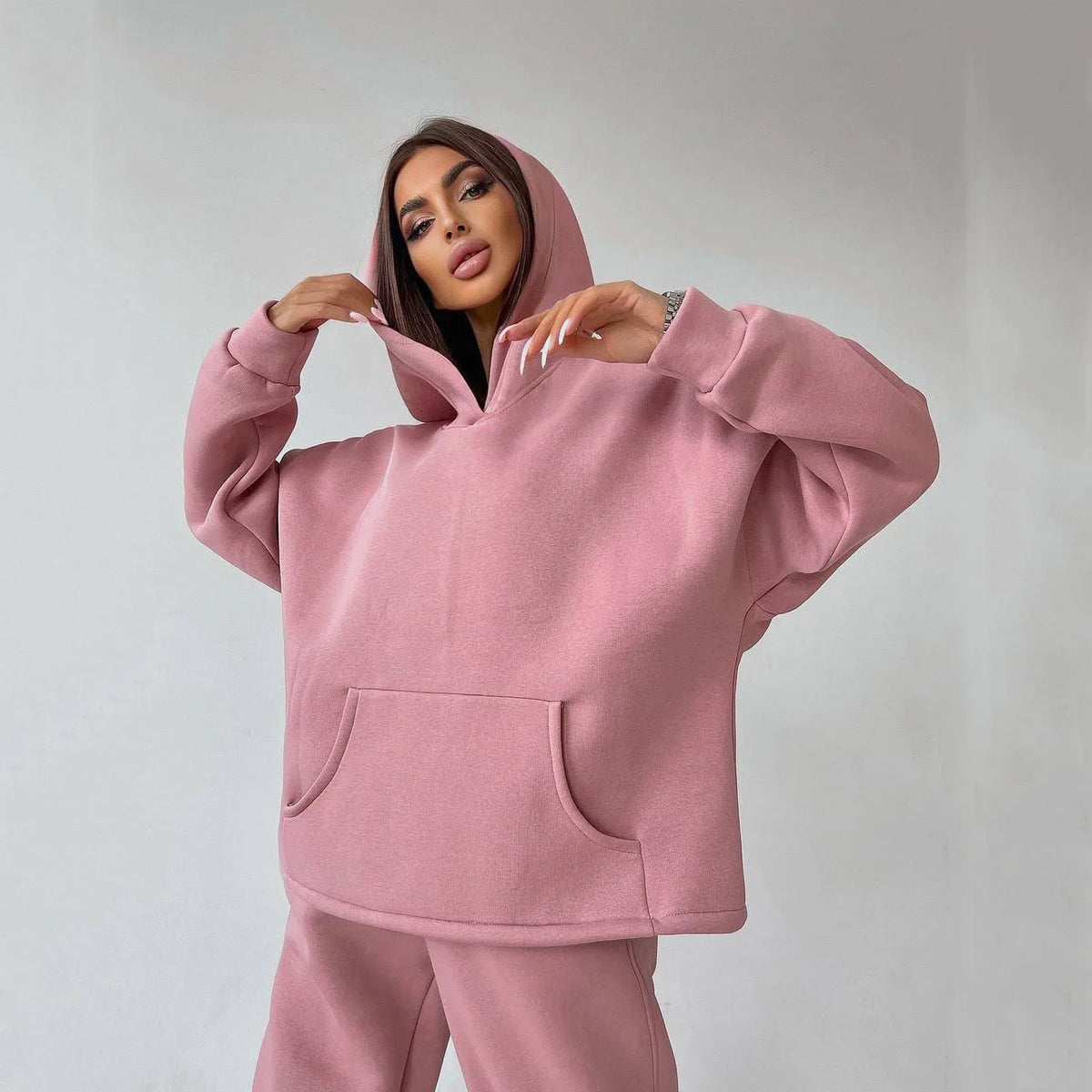 Woman's Solid Color Hooded Sweatshirt Pant Two-piece Set Fashion Long Sleeves Pocket Pullovers Pants Suits Ladies Loose Outfit