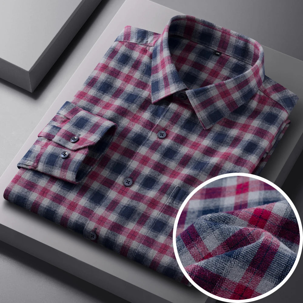 Vintage Men's Flannel Shirts with Pocket Long Sleeve Brushed Shirt for Men Warm Casual Soft Cotton 100% Button Down Plaid Shirt