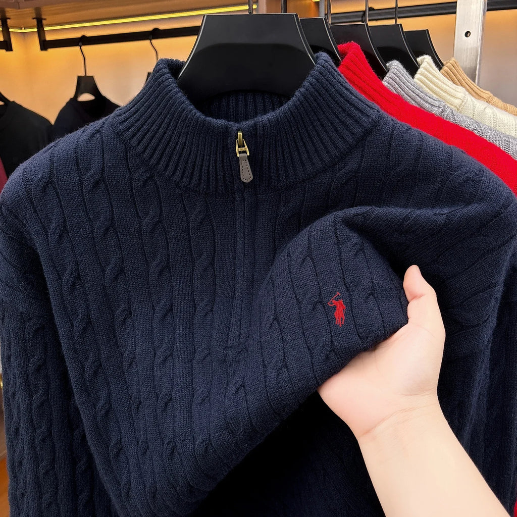 Fashion Half Zipper Sweater Men's Winter Warmth New exquisite jacquard design luxury brand golf pony embroidery knitted pullover