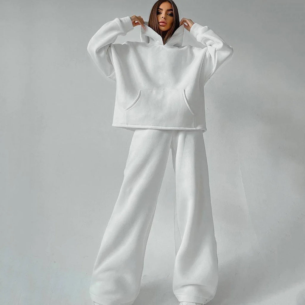 Woman's Solid Color Hooded Sweatshirt Pant Two-piece Set Fashion Long Sleeves Pocket Pullovers Pants Suits Ladies Loose Outfit