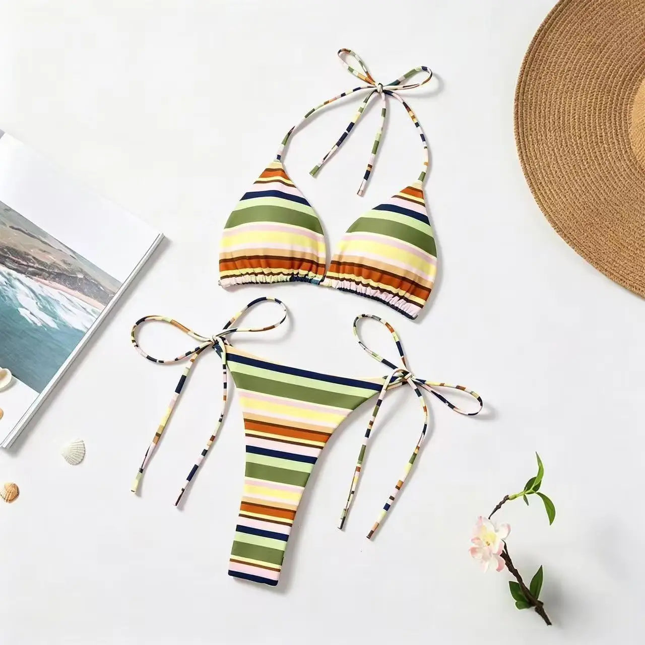 Women's Sexy Retro Striped Triangle Bikini Set 2026 New Tie Side Halter Neck Swimsuit Beach Vacation Bathing Suit