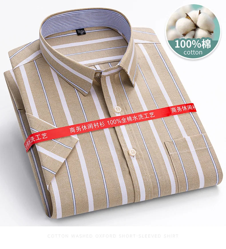 100%Pure Cotton Oxford Men's Shirts Short Sleeve Plaid Soft Regular Fit Formal Dress Shirt Social Blouse Male Clothes 6XL 7XL