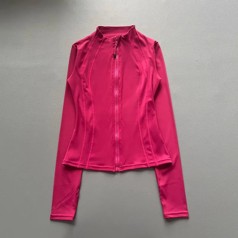 Windproof Fitted Yoga Jacket for Women-Thickened Stand Collar Long Sleeve Cardigan for Running Gym/Fall Cycling with Quick-Dry