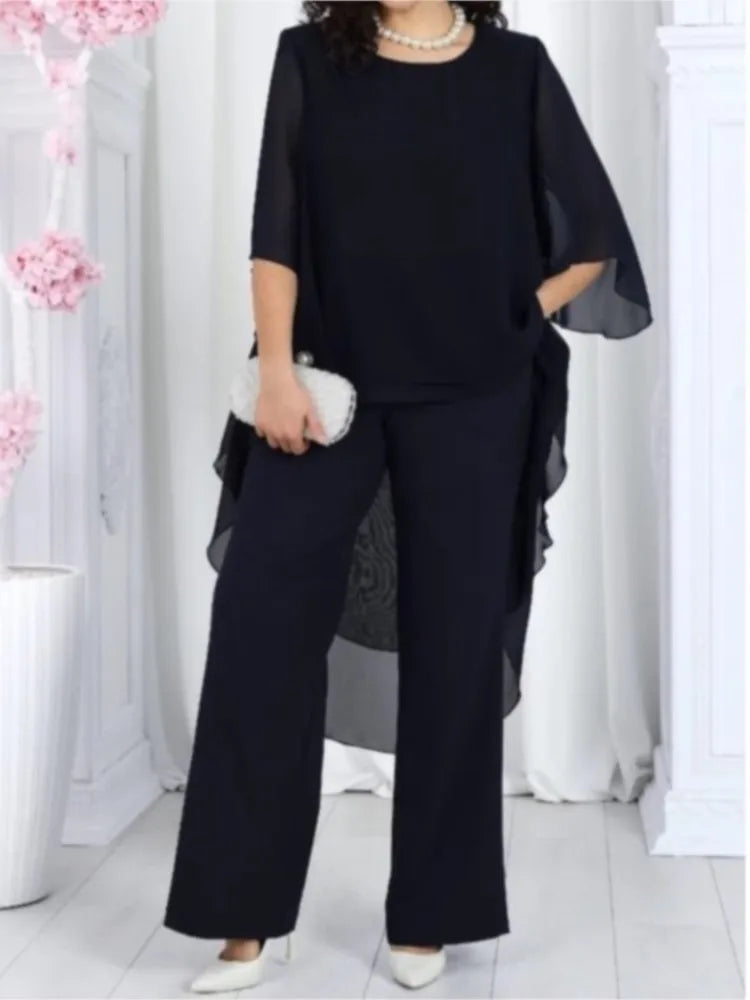 Women's Solid Chiffon Two Piece Sets Spring O-neck Mid-Sleeve Layered Ruffled Edges Long Top & Straight-leg Pants Sets Outfits