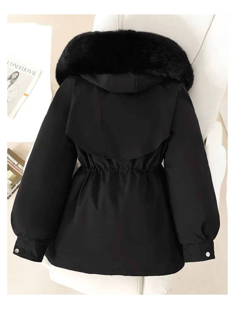 Fleece Lined Hood Down Jacket Winter Coat for Women Warm Drawstring Padded Parkas Korean Casual Streetwear Female Puffer Outwear