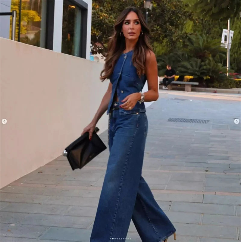 Streetwear Denim 2 Piece Sets Women Outfit Spring Summer Women 2025 Sleeveless Vest Top Wide Leg Pants Sets Jeans Two Piece Set