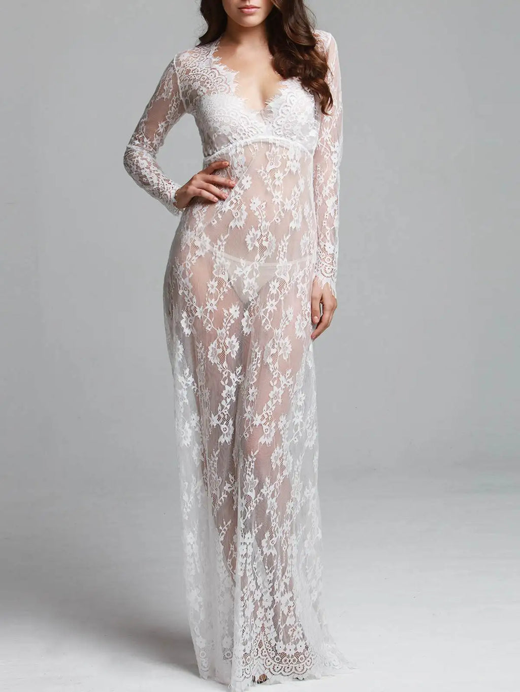 Fashionable Sexy Deep Collar Long Sleeve Lace See-through Bodycon Gown Trendy Women's Dress Elegant Draped Skirt Maxi Dress