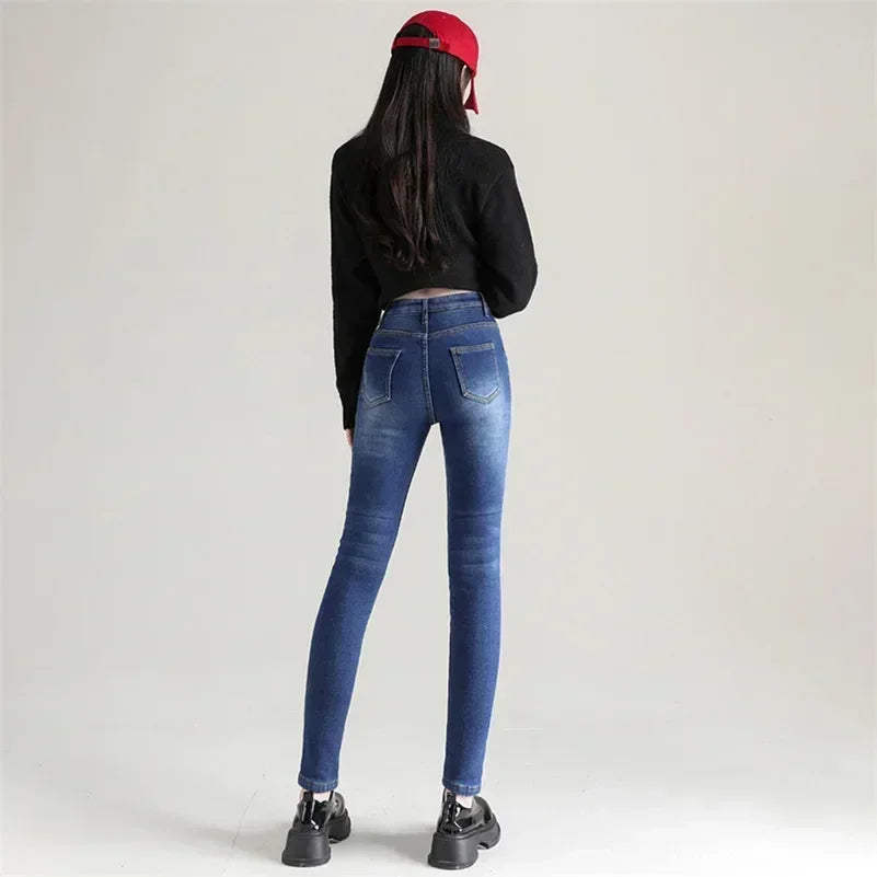 Lady Plush Thermal Jeans Winter Snow Warm Stretch Thin Jeans Women Fleece Pencil Pants Fashion Straight Leg Denim Trousers