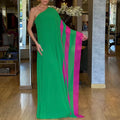 Boho Sexy One Shoulder Loose Maxi Dress Womens Spring Elegant Color Block Long Party Dress Summer Backless Hollow Vacation Dress
