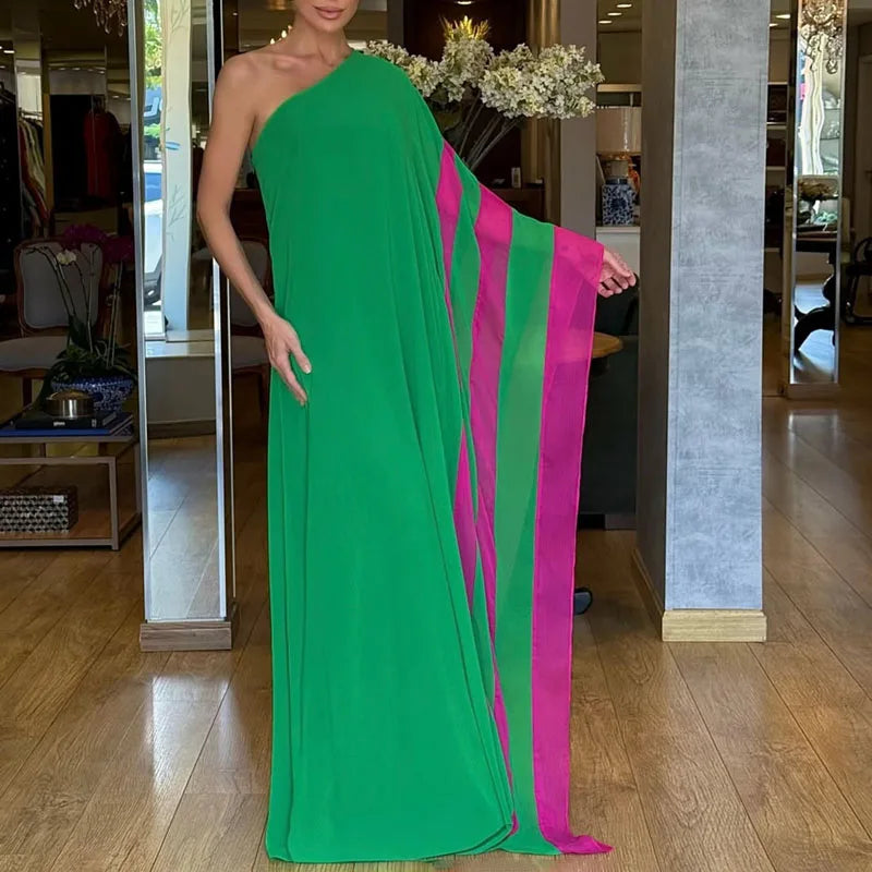 Boho Sexy One Shoulder Loose Maxi Dress Womens Spring Elegant Color Block Long Party Dress Summer Backless Hollow Vacation Dress