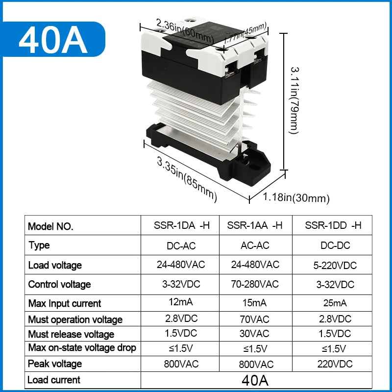 SSR Solid State Relay 24-480VAC Heat Sink Single Phase DIN Rail Mounted 10A 25A 40A 60A 80A 100A 120A DA AA DD Zero Crossing