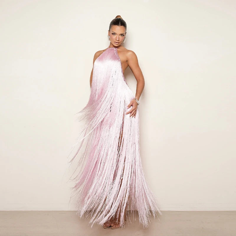 Party Women's Dress Halter Sleeveless Backless Tassel Solid Female Long Holiday Dresses 2026 Summer Fashion Elegant Lady Robe