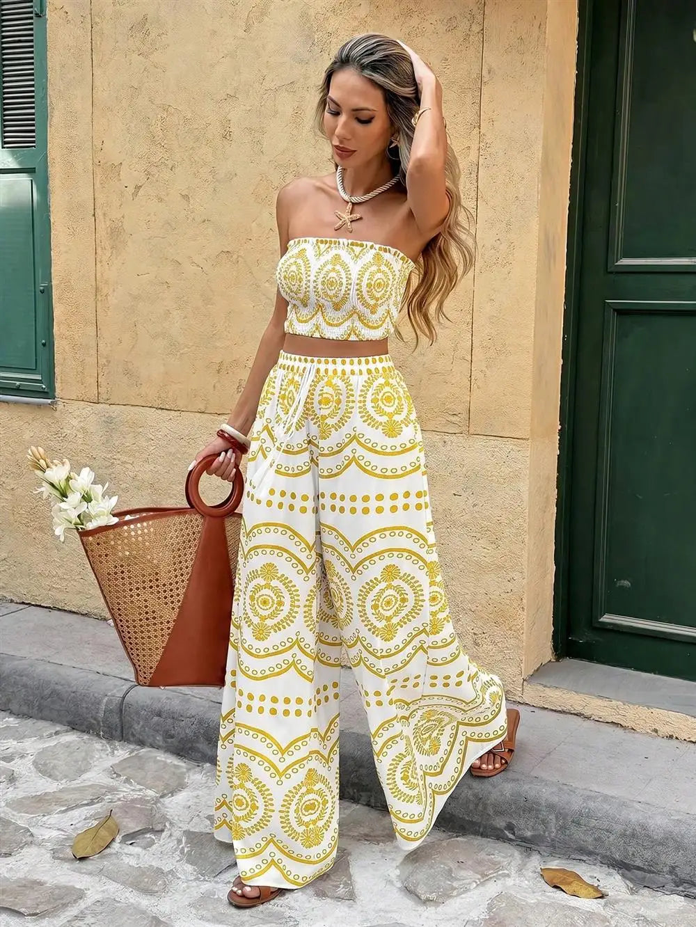 Bohemian Print Crop Top And Wide Leg Pants Two Piece Set for Women Summer Fashion Outfit Spicy Girl Casual Wear