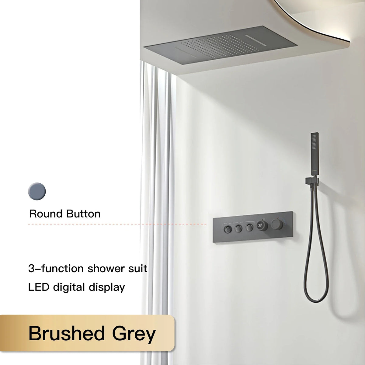 Luxury Black Brass Shower System, Wall Mounted Led Digital Display, Cold Hot Dual Control, Four Function Ceiling Shower Tap