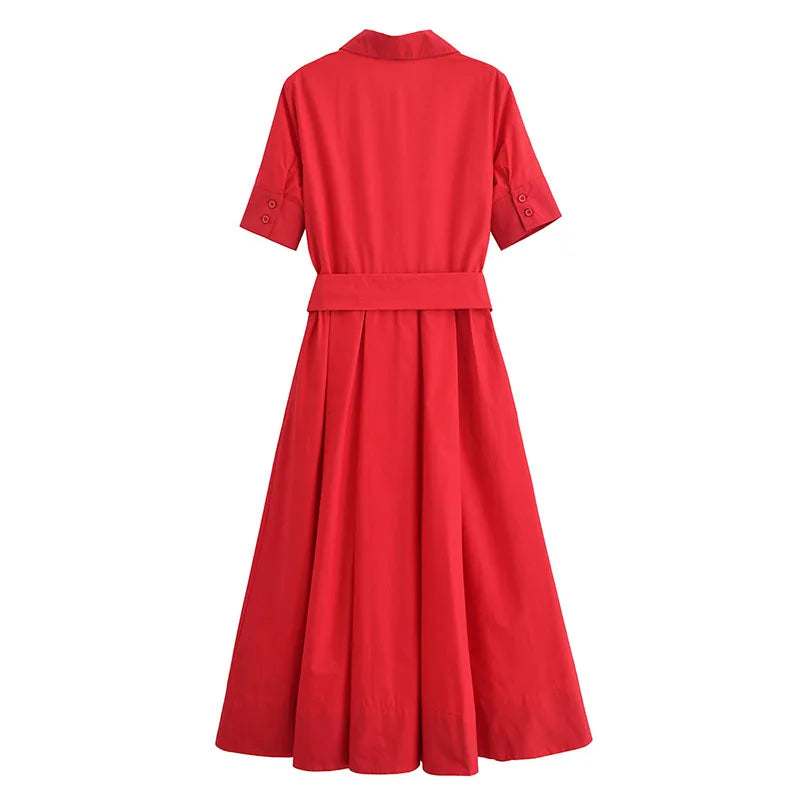 Women Long dress With Belt Spring Poplin Lady Short Sleeve Dress Pocket Women's Midi Dress Side Zipper Female Dresses