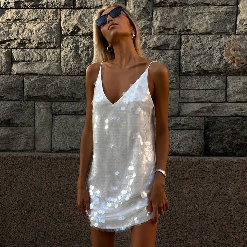 Beach Sequin Short Women Dress Loose Deep V-neck Sleeveless Backless Spaghetti Strap Sundress 2026 Summer Solid Glitter Dresses