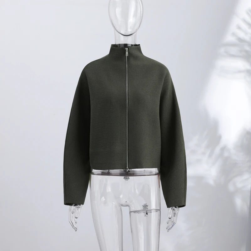 Elegant Knitted Zipper Women's Sweater Solid Full Sleeve Stand Collar Loose Open Stitch Female 2026 Fashion Autumn Outwear Lady