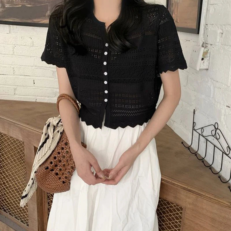 Chic Hollow Out Knitted T-Shirt Women 2026 Summer Button Up Short Sleeve Crop Tee Woman All Match Round Neck T Shirt Female