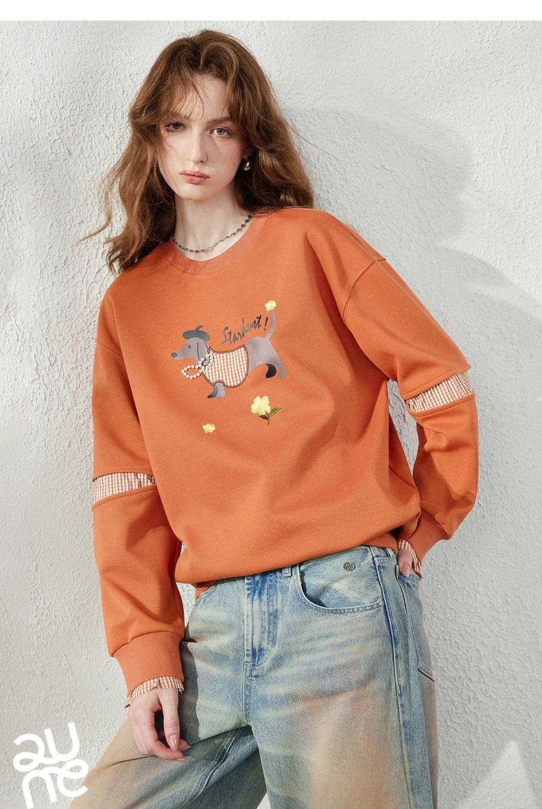TOYOUTH Women's Sweatshirt 2026 Autumn New Loose Deconstructed Faux Two-Piece Plaid Dachshund Print Vintage Pullover Top