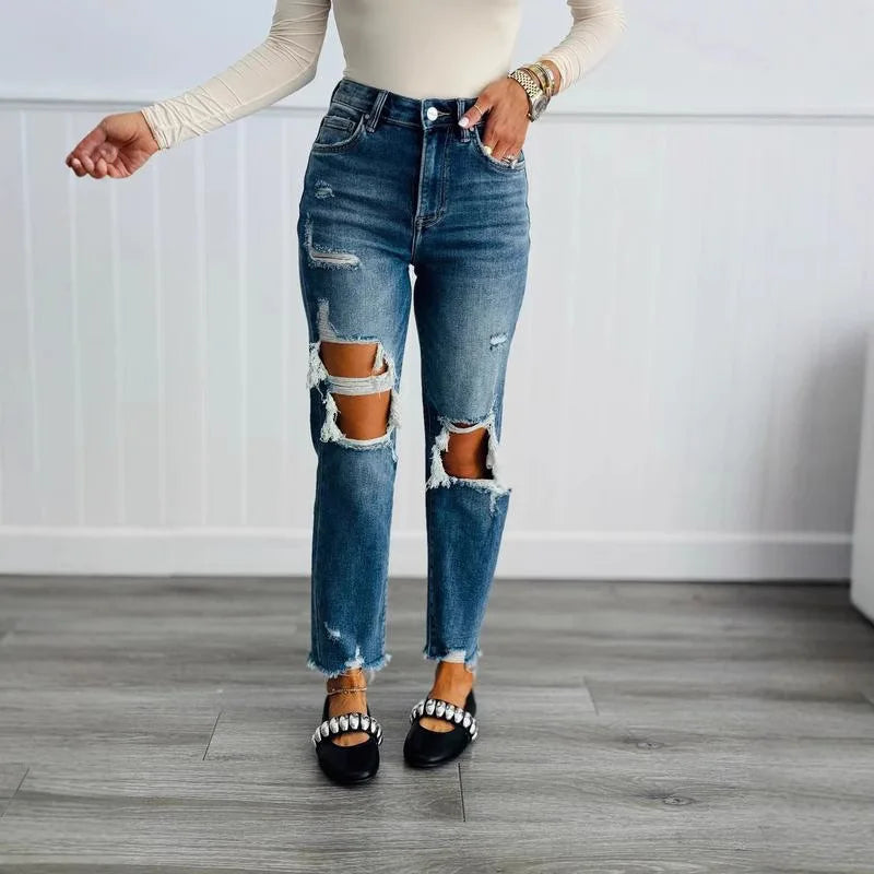 Women's Denim Pants with Mid Waist Washed and Polished White Distressed Pockets, Spring and Summer Temperament, Cropped Shorts