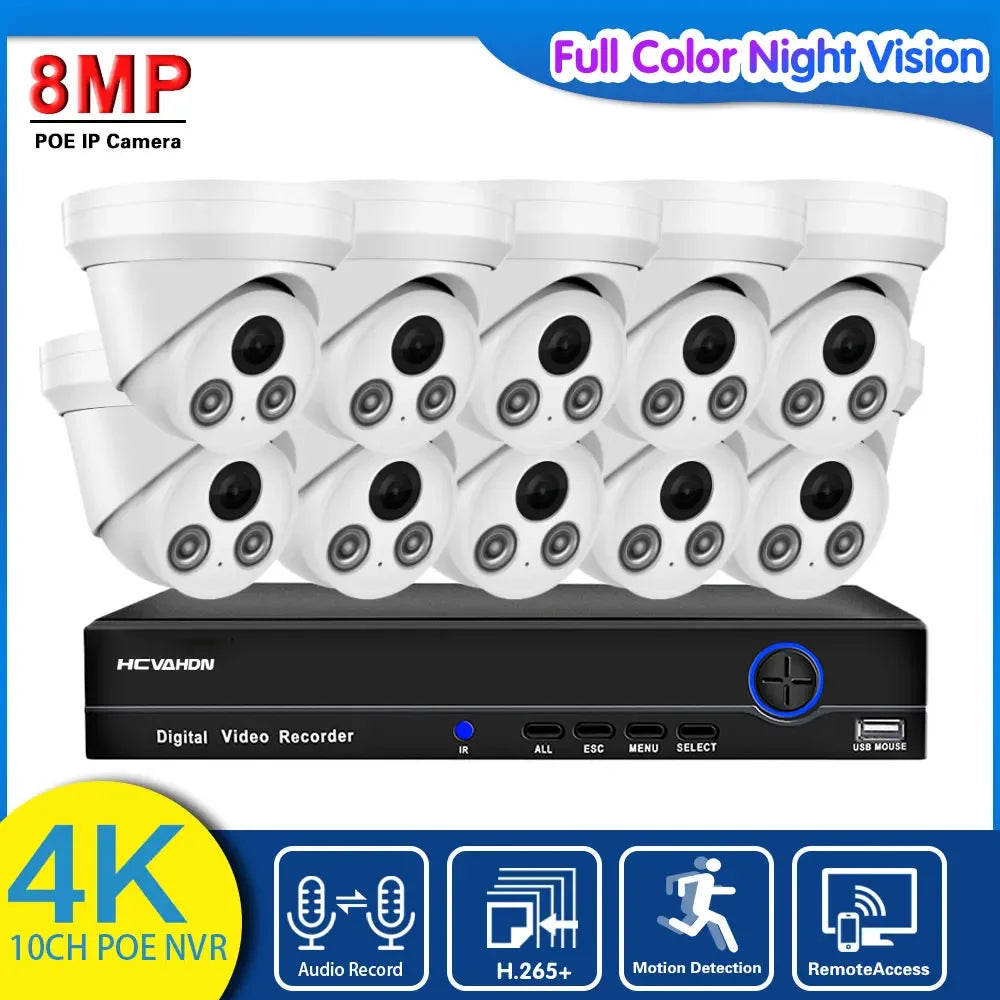 4K POE CCTV Camera Security System Kit Dome Outdoor Waterproof Color Night Vision IP Camera Video Surveillance System Kit 10CH