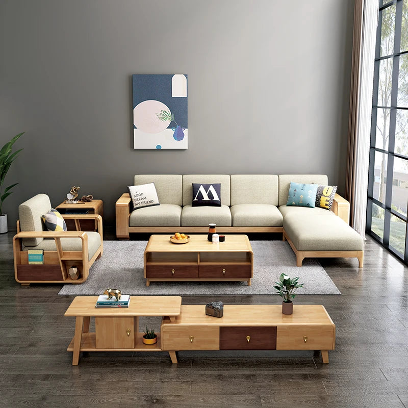#Nordic Type Simple Modern Solid Wood Sofa Set Furniture Living Room Fabric Sectional Sofa