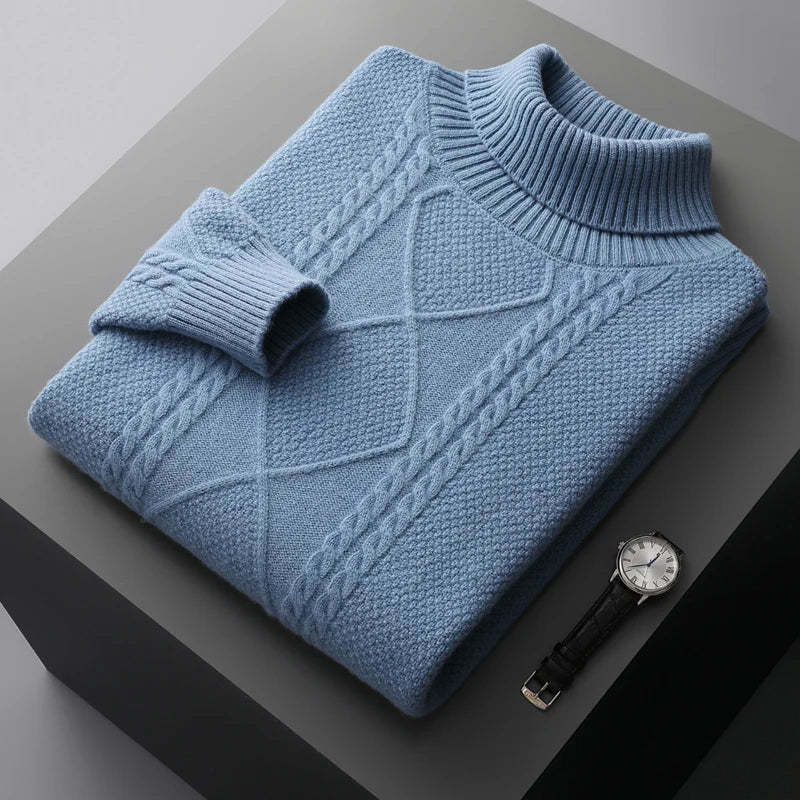 2025 Winter Turtleneck 100% Merino Wool Knitted Sweater Men's Lapel Jacquard Thicken Pullovers Fashion Loose High-End Base Shirt