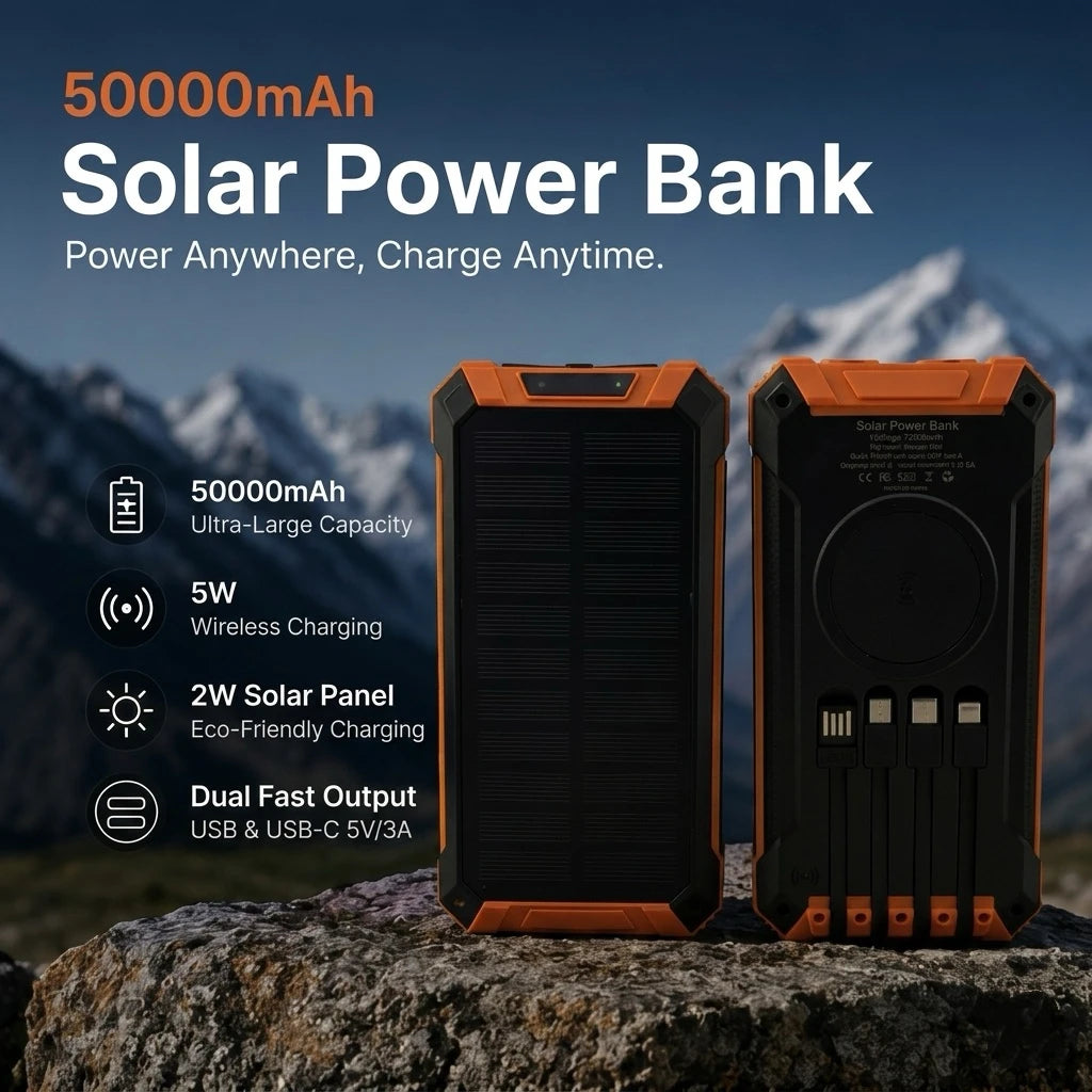 50000mAh Solar Power Bank Fast Charging Portable Charger with Built-in Cables Wireless Outdoor Battery Pack