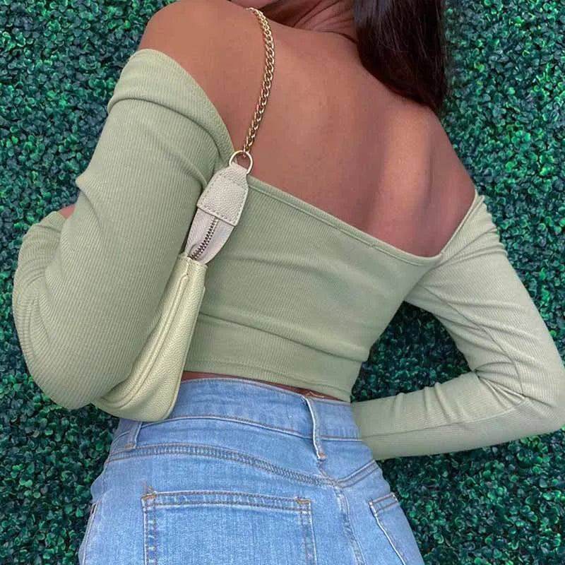 Hollow-Out V-neck Long Sleeve Crop Tops Spring Fall Casual Fashion Women Square Collar Slim Ribbed T-Shirts Backless Tee
