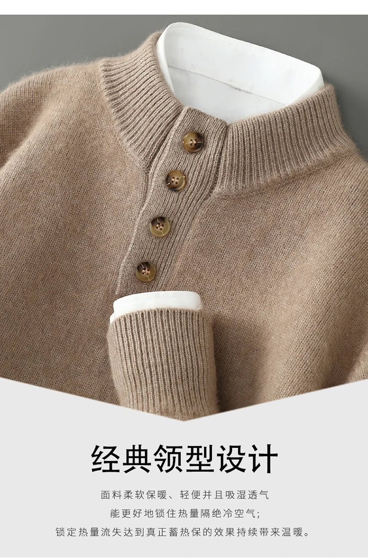 Men's Thicken 100%Pure Mink Cashmere Sweater Youth Button Semi-High Neck Loose Knit Pullovers Autumn and Winter Warm Base Shirt