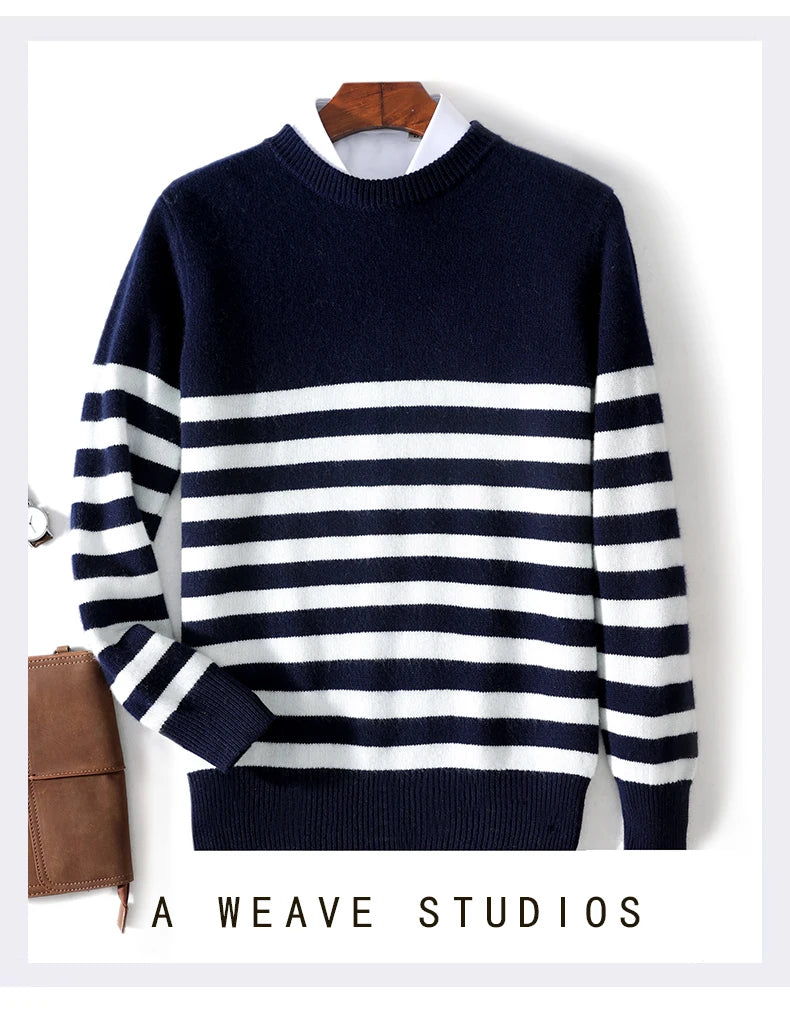 2024 Autumn/Winter New Round Neck 100% Pure Wool Sweater Men's Casual Loose Thick Sweater Striped Knitted Base Cashmere Sweaters