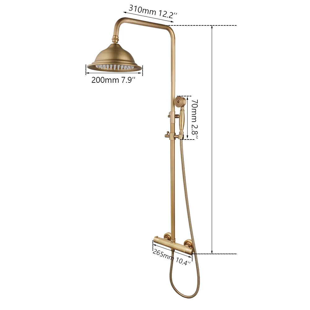 JIENI Bathroom Thermostatic Shower Faucet Set Antique Brass Wall Mounted Rainfall Shower Head W/ Single Handle Control Mixer Tap