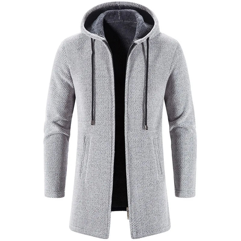 KIDWHXR Man Autumn Winter Cardigan Jacket Fleece Warm Hooded Sweater Coat Male Mid Length Long Sleeve Male Casual Outerwear