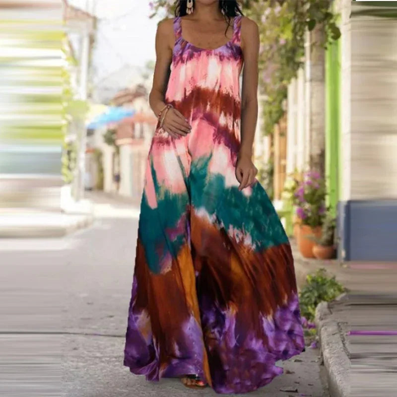 Women's Fashionable Flame Printed Sleeveless Dress  Summer Casual Printed Long Dress
