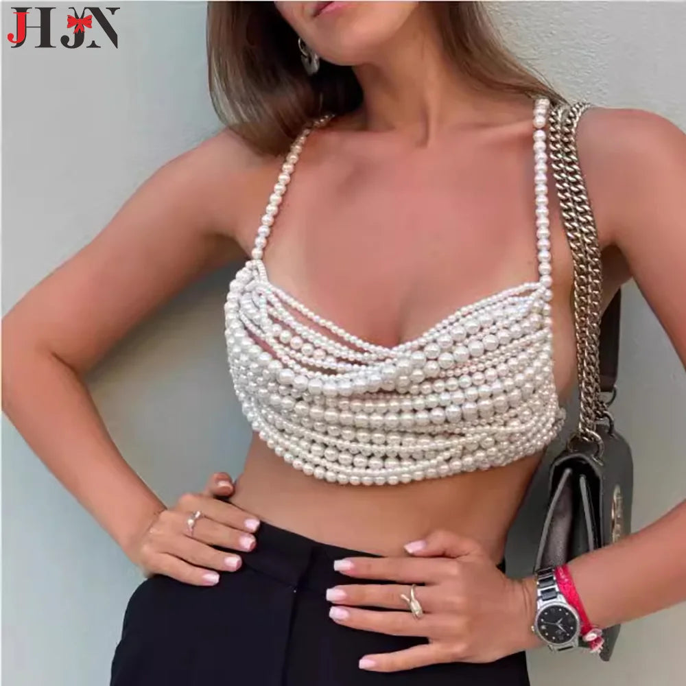 Pure Handmade Multi-Storey High Quality Pearls Camisole Tops Vest Sexy Chest Chain Decorate Hanging Neck Necklace Luxury Brand