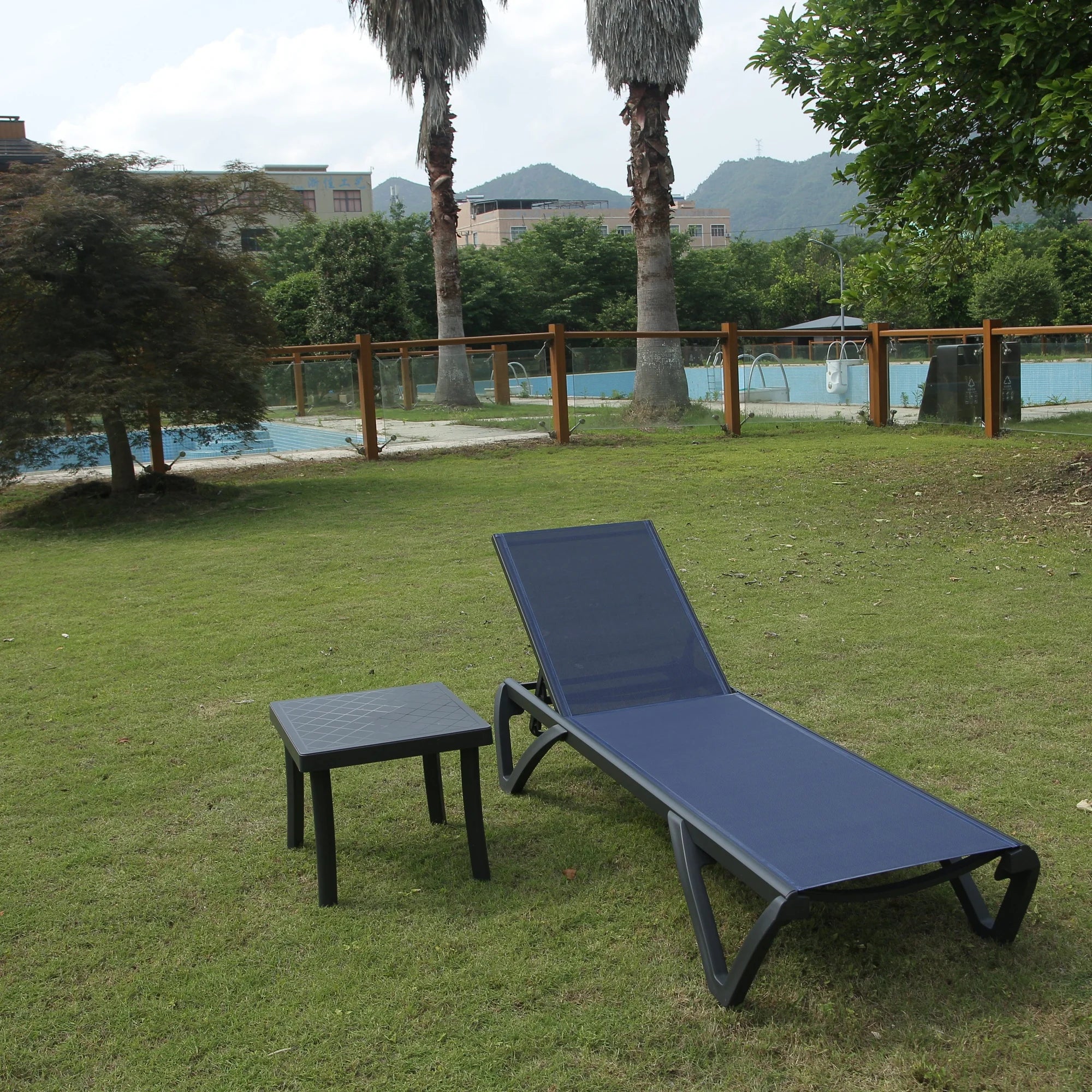 ！@！@3pcs Adjustable Aluminum Outdoor Sun Loungers Blue Textilene Side Table All Weather Leisure Deck Lawn Poolside Backyard Lake